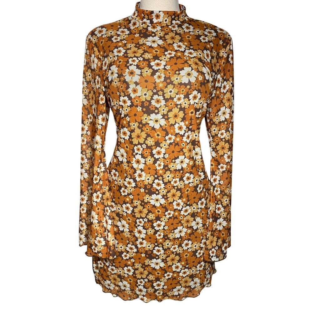 Unbranded Retro 70s Orange Floral Mesh Flare Sleeve Mock Neck Mini Dress - 2XL